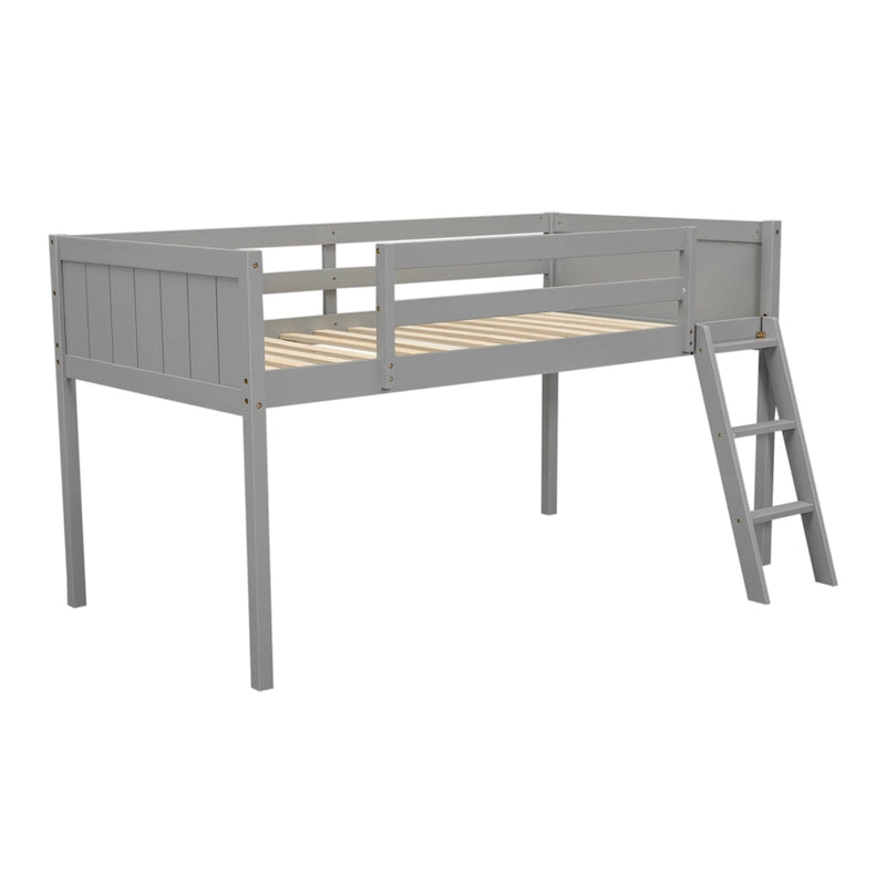 Gray Twin Size Low Solid Wood Loft Bed with Ladder and Safety Fence for Children