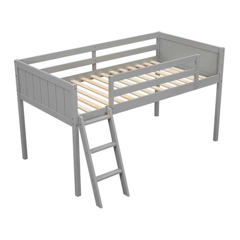 Gray Twin Size Low Solid Wood Loft Bed with Ladder and Safety Fence for Children