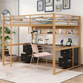 Gold+Black Full Size Metal Loft Bed with Desk, Drawers, and Charging Station