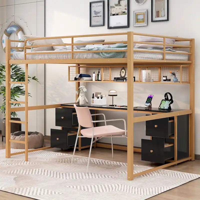 Gold+Black Full Size Metal Loft Bed with Desk, Drawers, and Charging Station