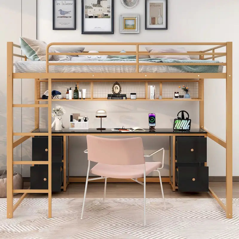 Gold+Black Full Size Metal Loft Bed with Desk, Drawers, and Charging Station