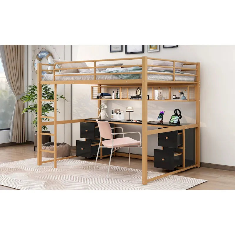 Gold+Black Full Size Metal Loft Bed with Desk, Drawers, and Charging Station
