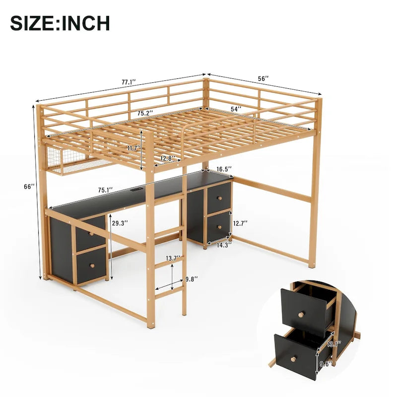 Gold+Black Full Size Metal Loft Bed with Desk, Drawers, and Charging Station