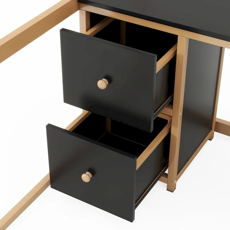 Gold+Black Full Size Metal Loft Bed with Desk, Drawers, and Charging Station