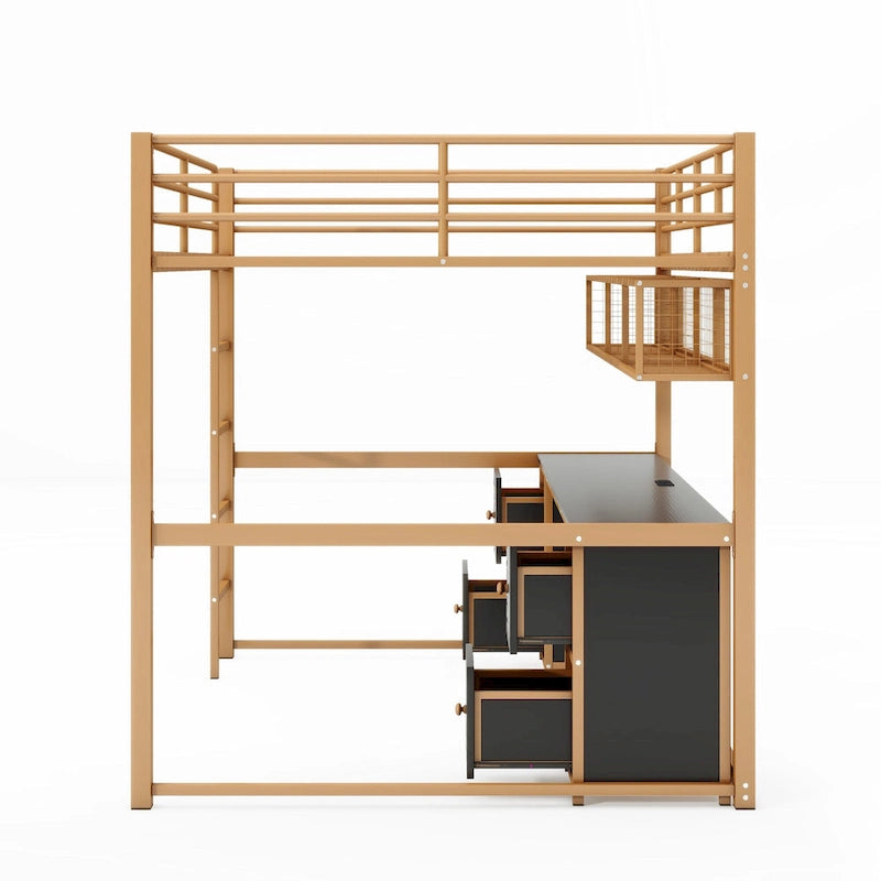 Gold+Black Full Size Metal Loft Bed with Desk, Drawers, and Charging Station