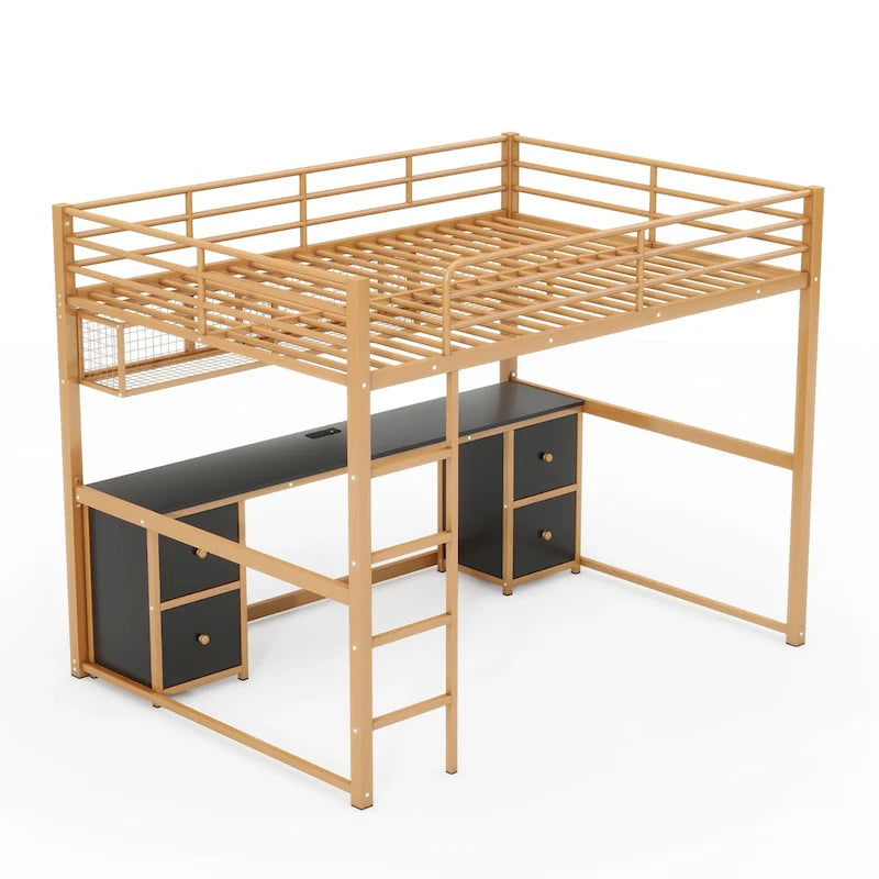 Gold+Black Full Size Metal Loft Bed with Desk, Drawers, and Charging Station