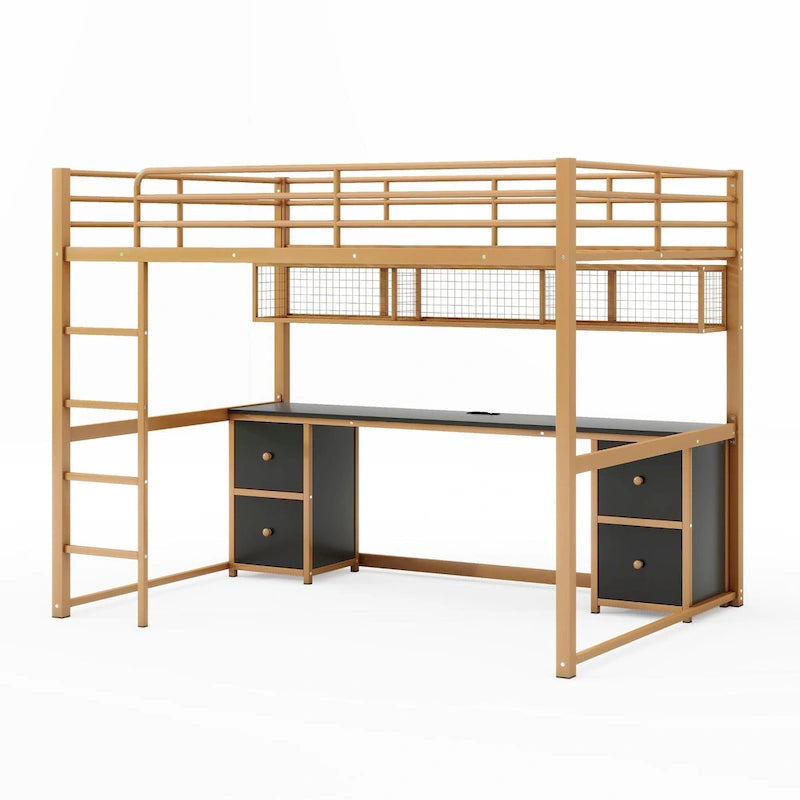 Gold+Black Full Size Metal Loft Bed with Desk, Drawers, and Charging Station