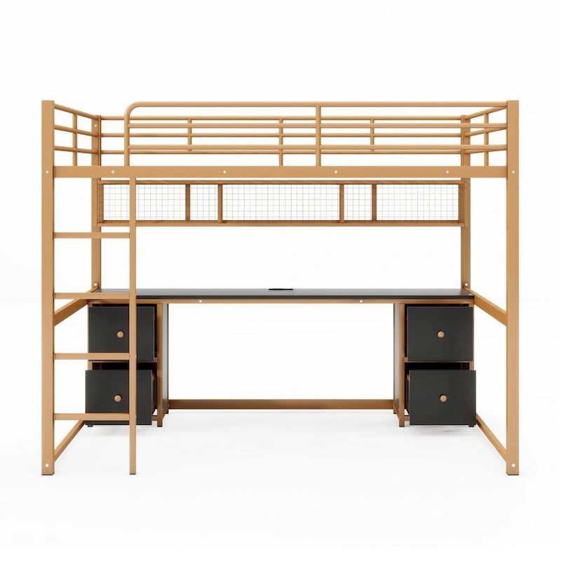 Gold+Black Full Size Metal Loft Bed with Desk, Drawers, and Charging Station