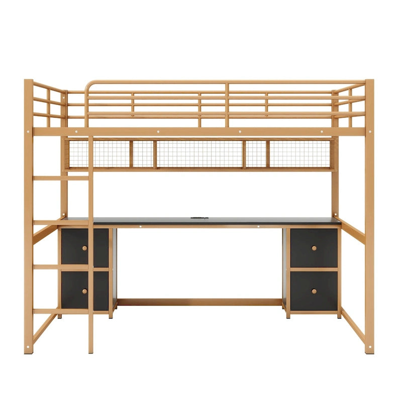 Gold+Black Full Size Metal Loft Bed with Desk, Drawers, and Charging Station