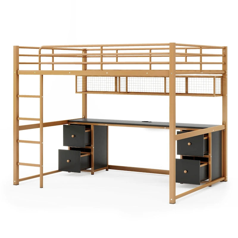 Gold+Black Full Size Metal Loft Bed with Desk, Drawers, and Charging Station