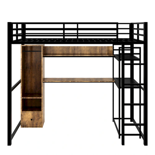 Black Full Size Metal Loft Bed with Built-in Wardrobe and Desk