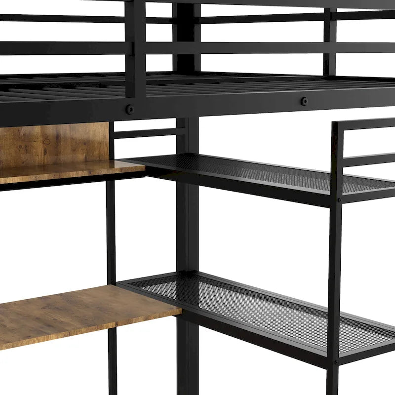Black Full Size Metal Loft Bed with Built-in Wardrobe and Desk