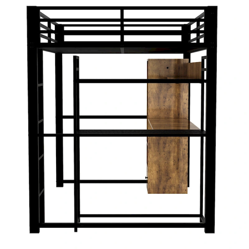 Black Full Size Metal Loft Bed with Built-in Wardrobe and Desk