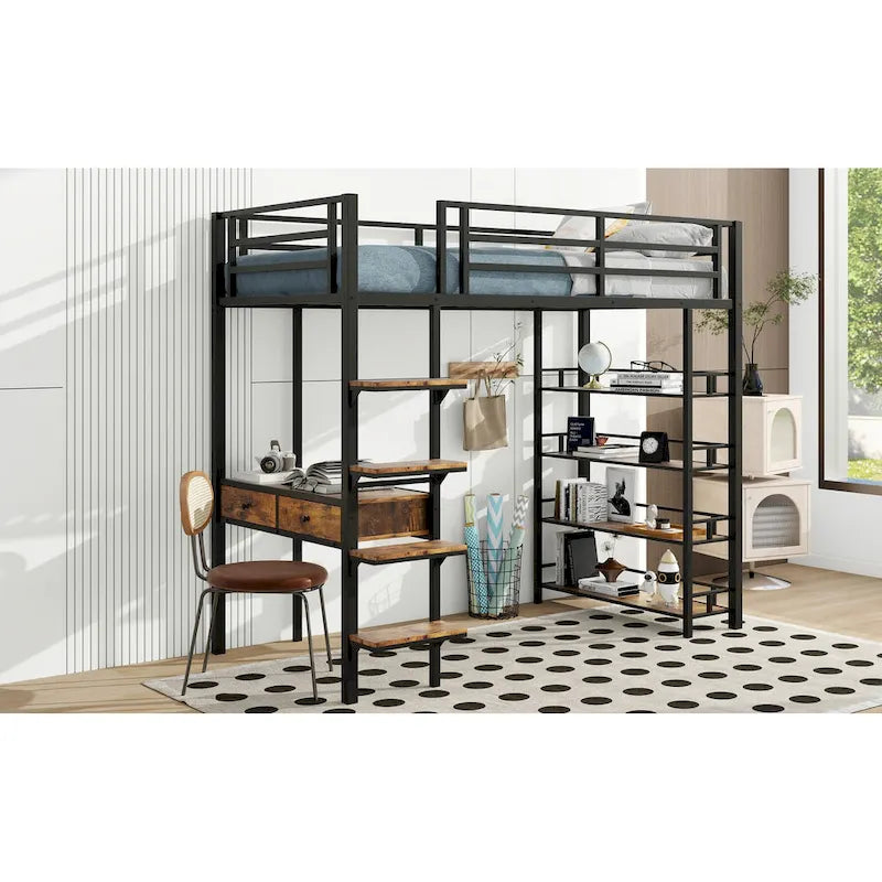 Black Twin Size Metal Loft Bed with Desk, Ladder & Shelves for Kids