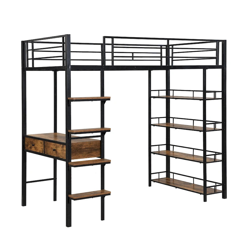 Black Twin Size Metal Loft Bed with Desk, Ladder & Shelves for Kids