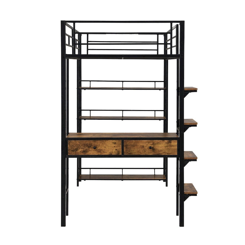 Black Twin Size Metal Loft Bed with Desk, Ladder & Shelves for Kids
