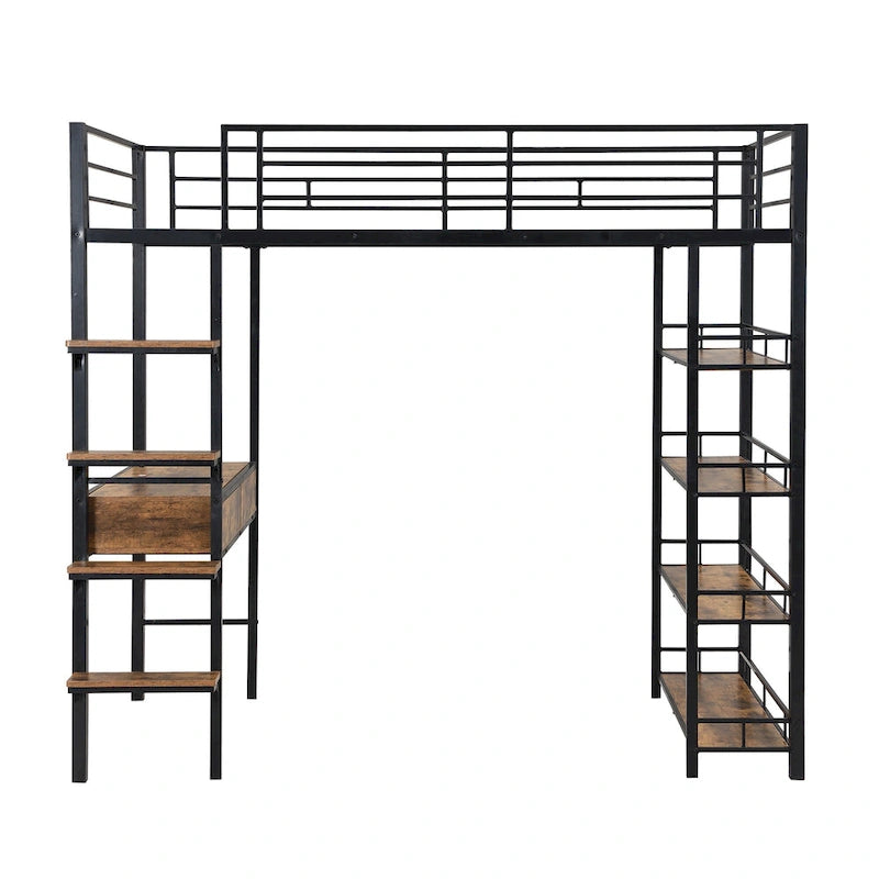 Black Twin Size Metal Loft Bed with Desk, Ladder & Shelves for Kids