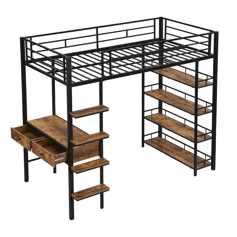 Black Twin Size Metal Loft Bed with Desk, Ladder & Shelves for Kids