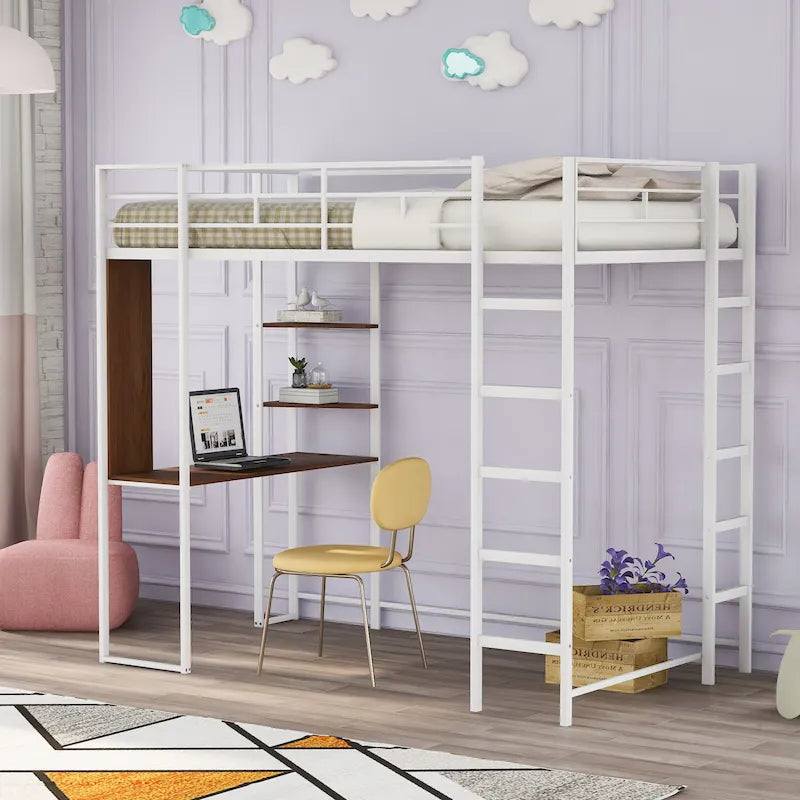 White Twin Metal Loft Bed with Ladder, Fence & Desk