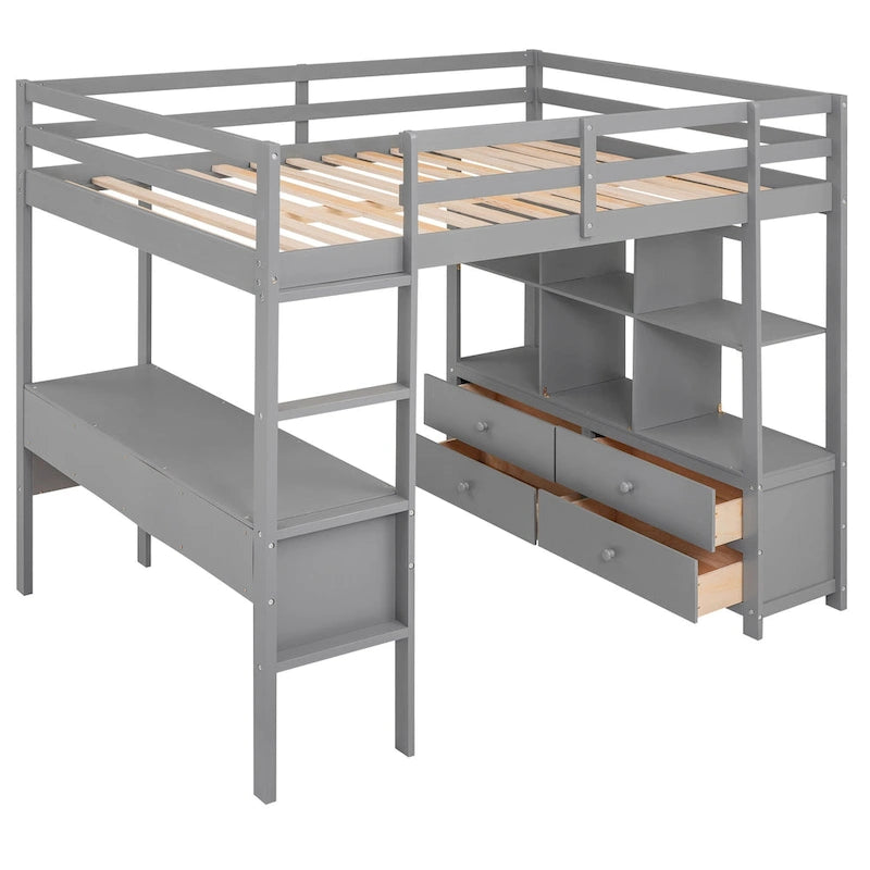 Gray Full Size Pine Loft Bed with Built-in Desk & Drawers