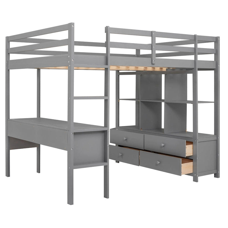 Gray Full Size Pine Loft Bed with Built-in Desk & Drawers