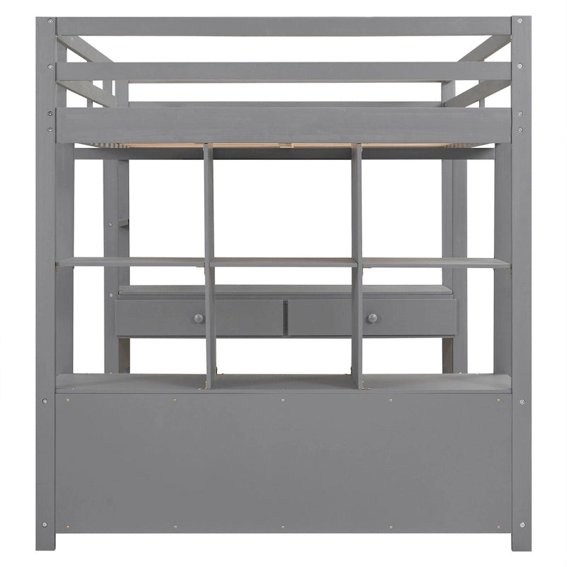 Gray Full Size Pine Loft Bed with Built-in Desk & Drawers