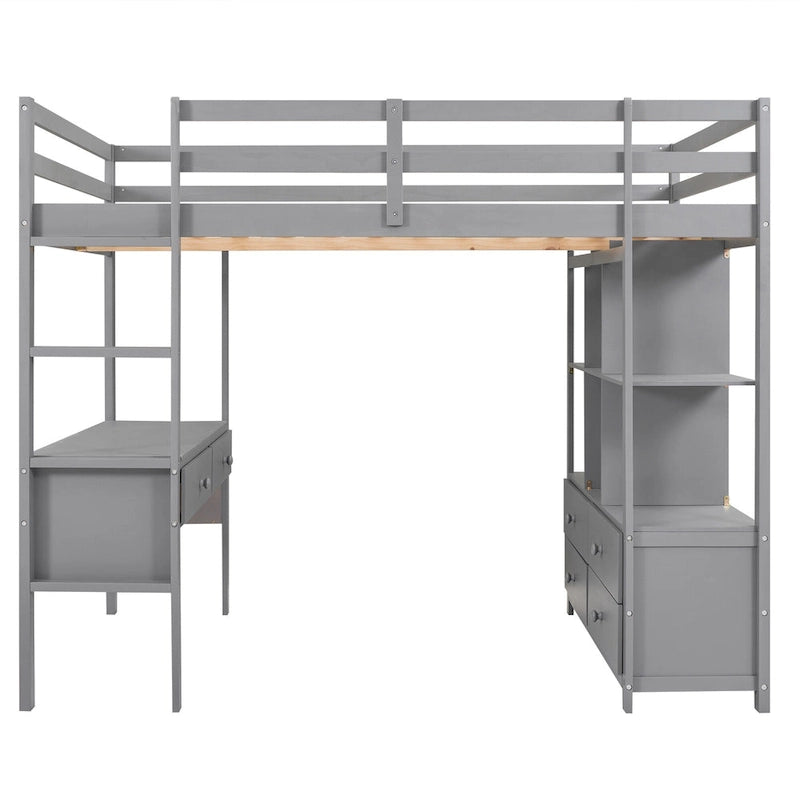Gray Full Size Pine Loft Bed with Built-in Desk & Drawers