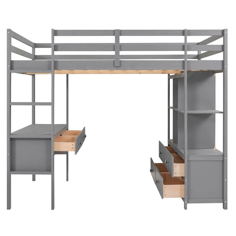 Gray Full Size Pine Loft Bed with Built-in Desk & Drawers