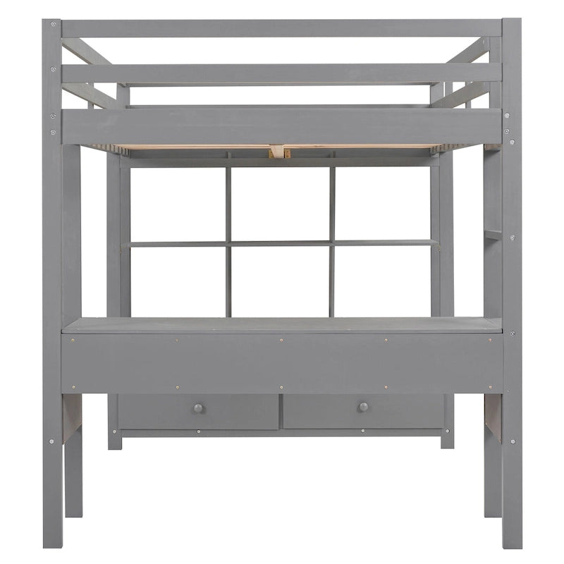 Gray Full Size Pine Loft Bed with Built-in Desk & Drawers