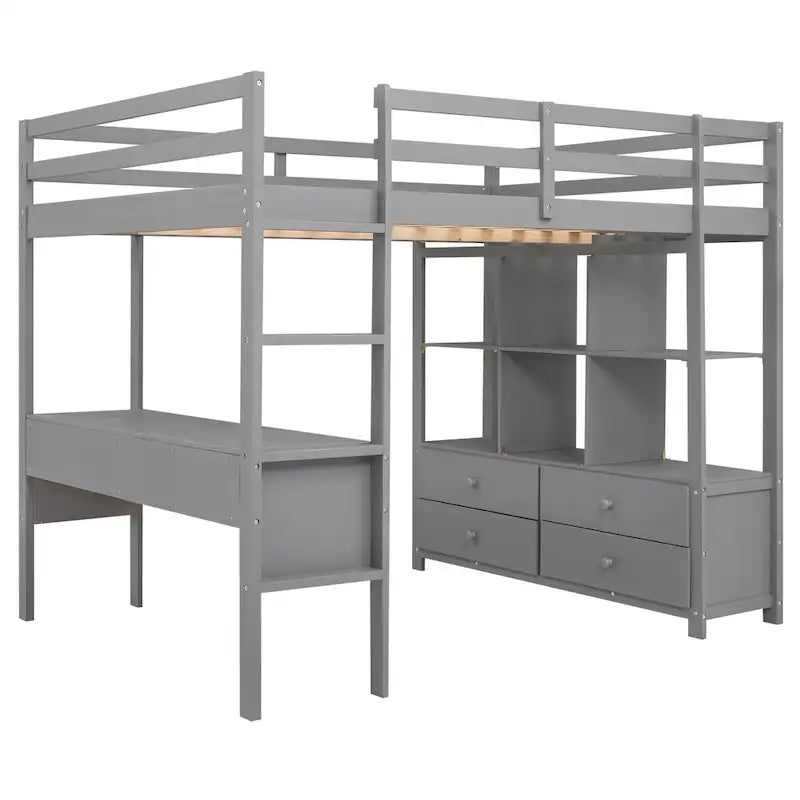 Gray Full Size Pine Loft Bed with Built-in Desk & Drawers