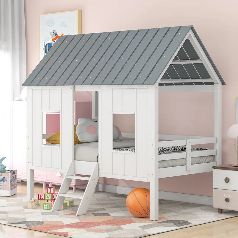 Twin Pine Low Loft House Bed with Roof, Windows, and Ladder