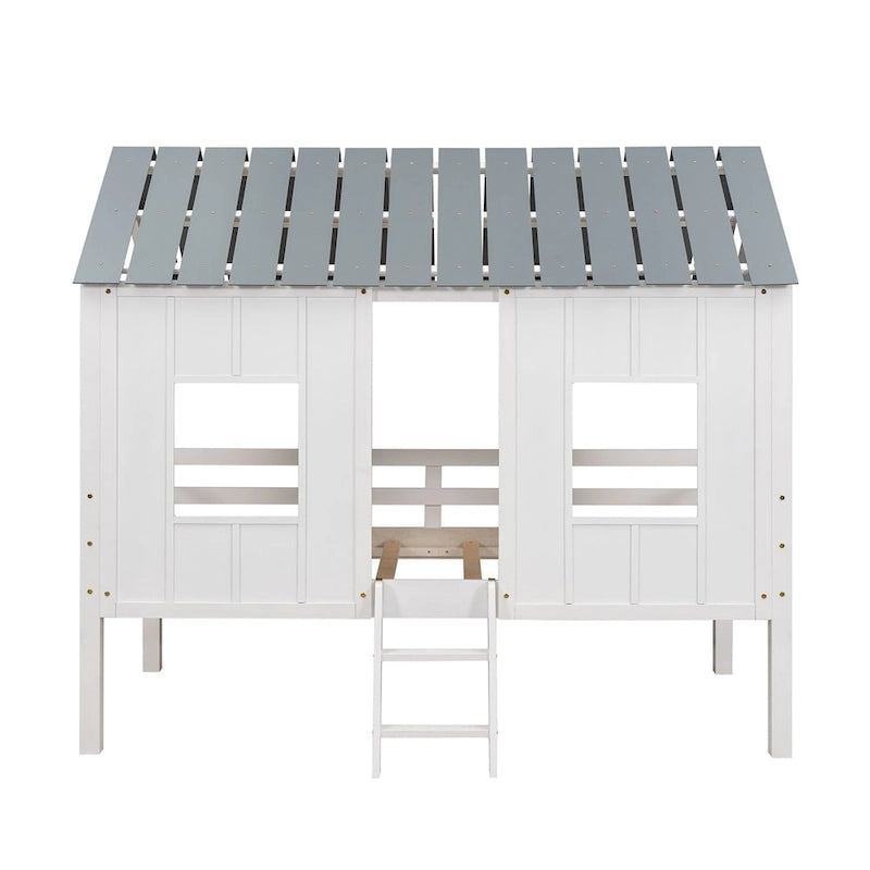 Twin Pine Low Loft House Bed with Roof, Windows, and Ladder