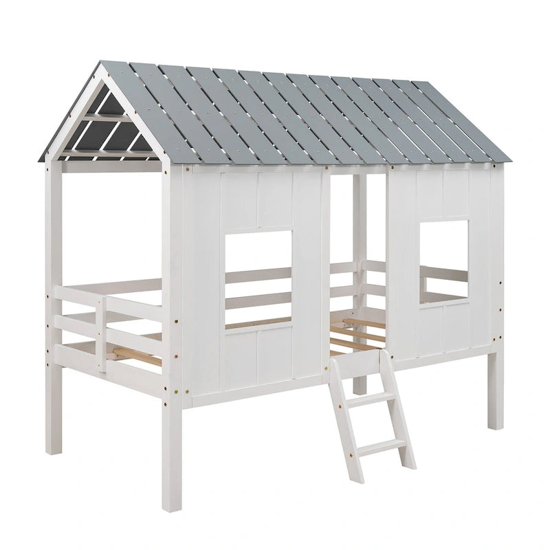 Twin Pine Low Loft House Bed with Roof, Windows, and Ladder