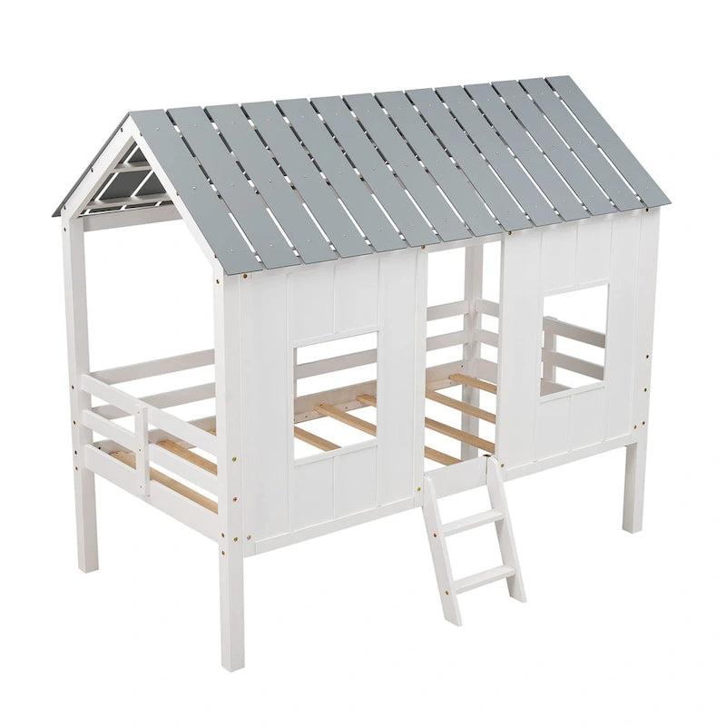 Twin Pine Low Loft House Bed with Roof, Windows, and Ladder