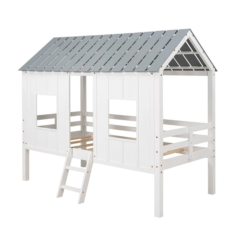 Twin Pine Low Loft House Bed with Roof, Windows, and Ladder