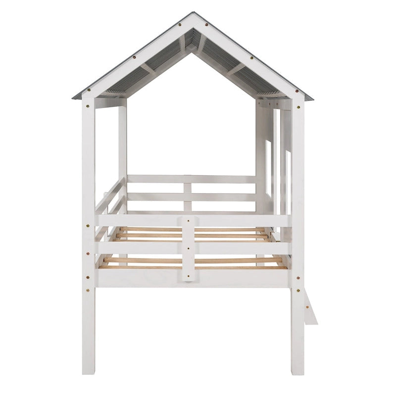 Twin Pine Low Loft House Bed with Roof, Windows, and Ladder