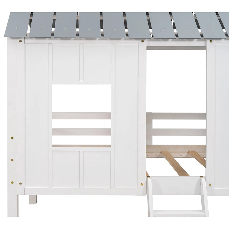 Twin Pine Low Loft House Bed with Roof, Windows, and Ladder