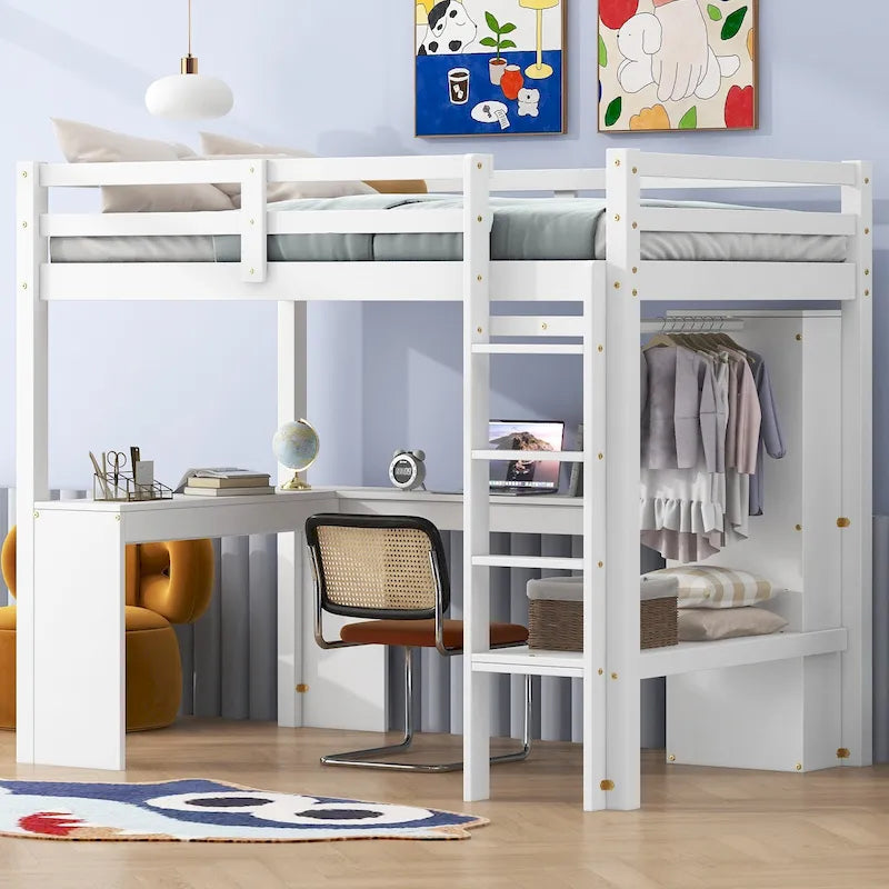 White Twin Size Solid Wood Loft Bed with L-shaped Desk & Storage