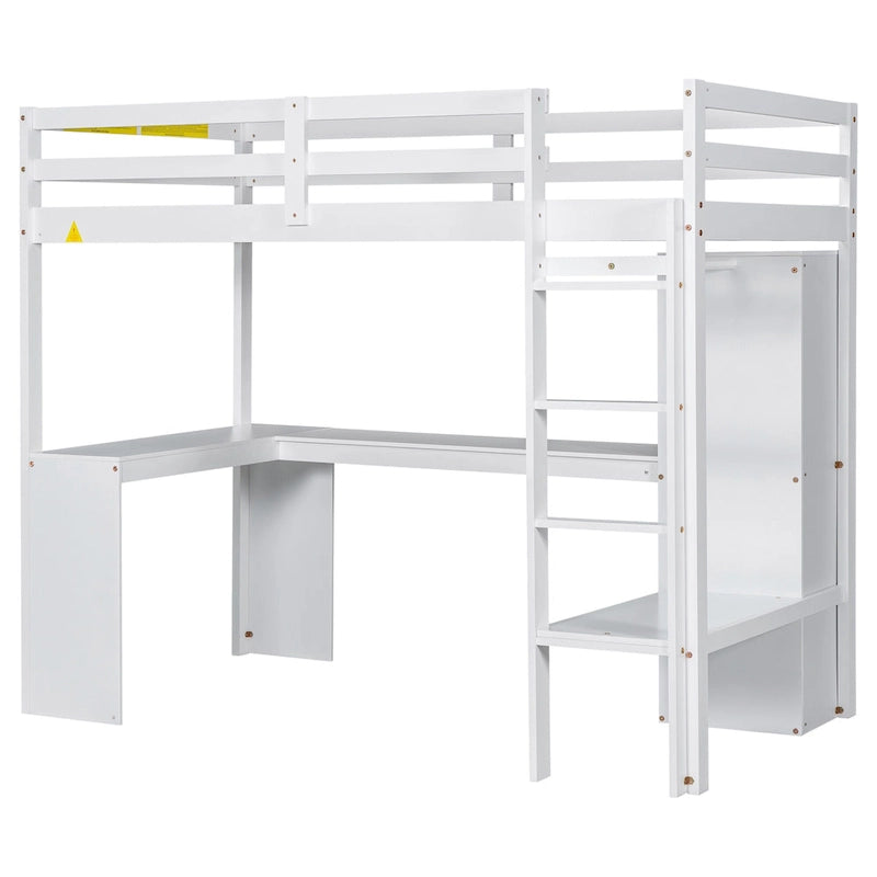 White Twin Size Solid Wood Loft Bed with L-shaped Desk & Storage