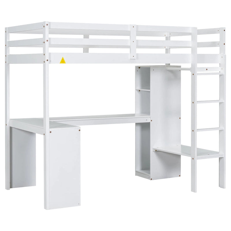 White Twin Size Solid Wood Loft Bed with L-shaped Desk & Storage