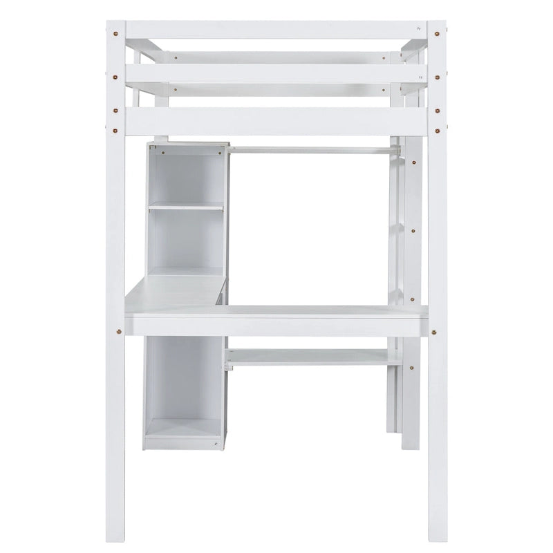 White Twin Size Solid Wood Loft Bed with L-shaped Desk & Storage