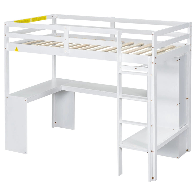 White Twin Size Solid Wood Loft Bed with L-shaped Desk & Storage