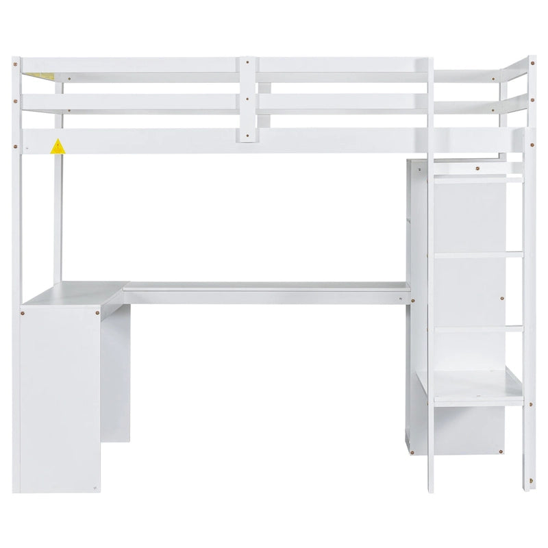 White Twin Size Solid Wood Loft Bed with L-shaped Desk & Storage