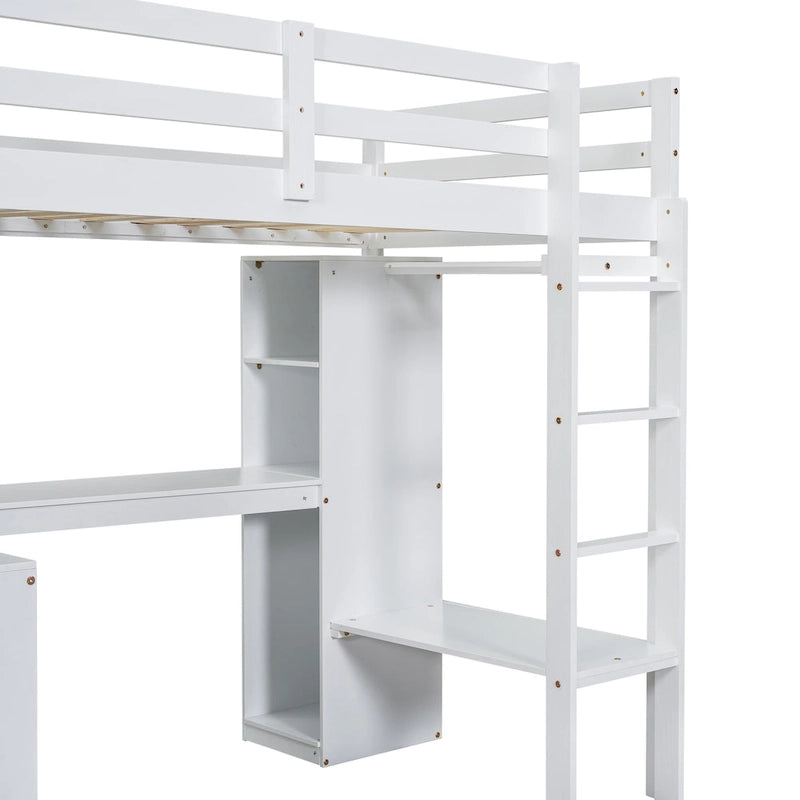 White Twin Size Solid Wood Loft Bed with L-shaped Desk & Storage