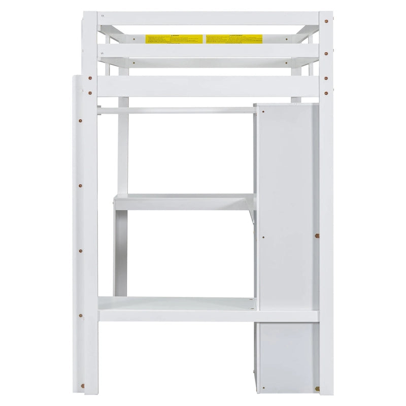 White Twin Size Solid Wood Loft Bed with L-shaped Desk & Storage