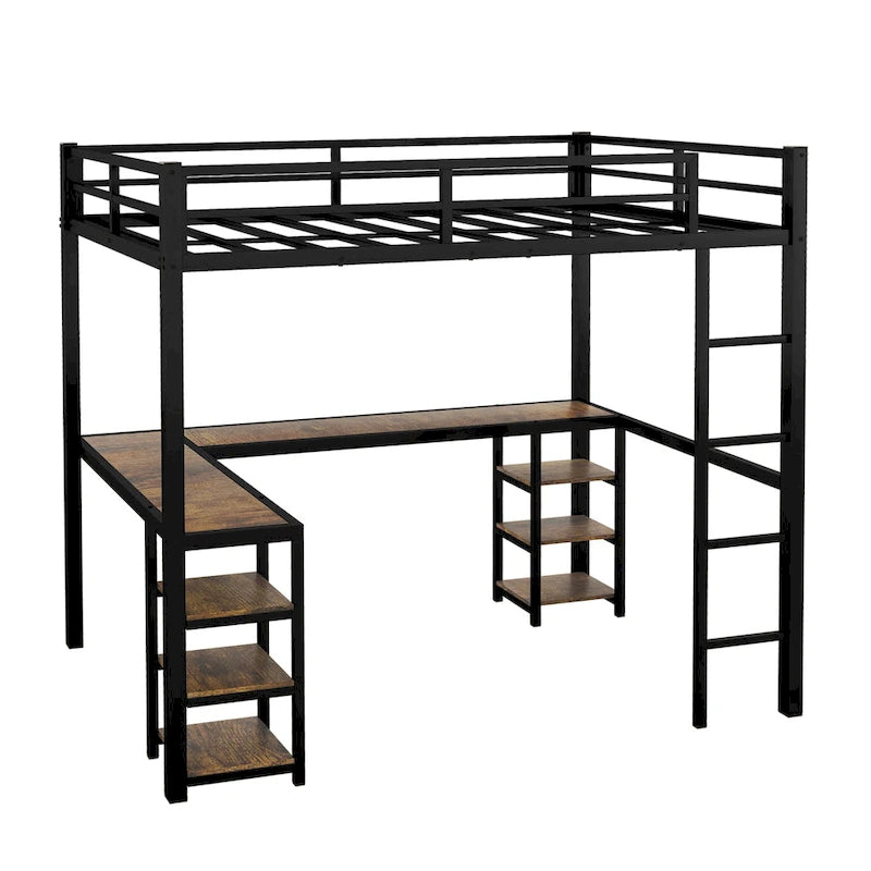 Black Full Metal Loft Bed with Desk & Shelves