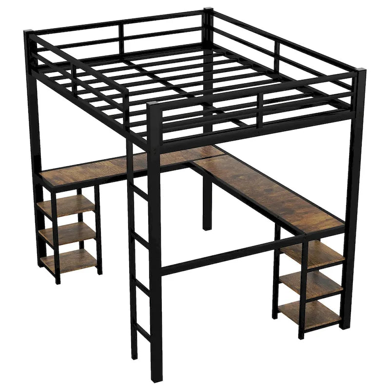 Black Full Metal Loft Bed with Desk & Shelves