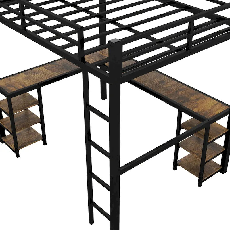 Black Full Metal Loft Bed with Desk & Shelves