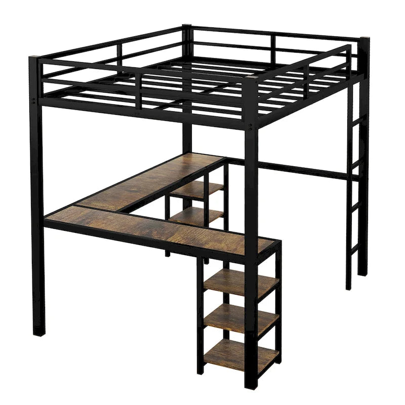 Black Full Metal Loft Bed with Desk & Shelves
