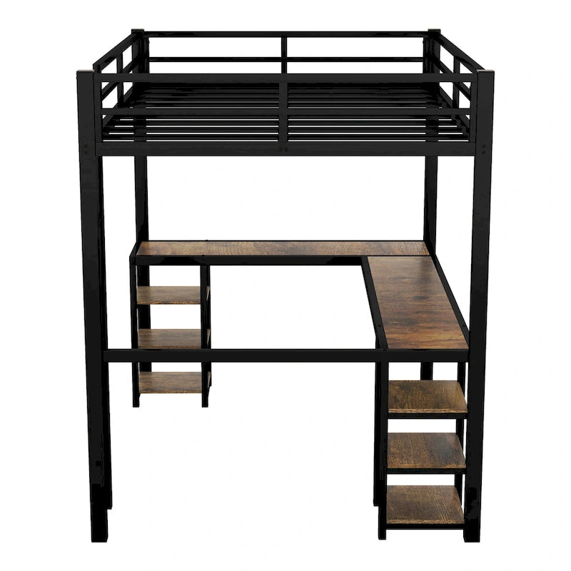 Black Full Metal Loft Bed with Desk & Shelves